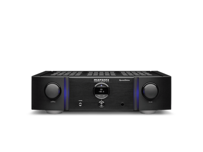 Amplificator Marantz PM-12 SE negru, vedere frontală, butoane volum și selecție sursă vizibile.