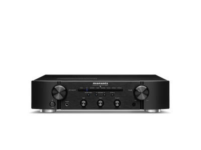 Amplificator Marantz PM6007 negru, vedere frontală, butoane de control volum și selecție intrare vizibile.