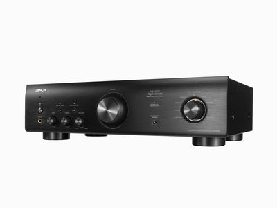 Amplificator Denon PMA-600NE, vedere laterală, negru, afișează butoane de volum, selector intrare și control tonalitate.