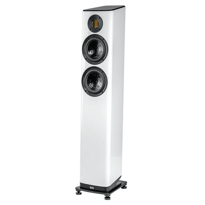Boxă de podea Elac Vela FS 407.2 albă, vedere frontală stânga, cu două difuzoare și tweeter vizibile.