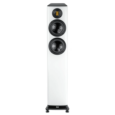 Boxă de podea Elac Vela FS 407.2 alb lucios, vedere frontală cu două woofere și un tweeter vizibile.