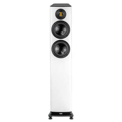 Boxă de podea Elac Vela FS 407.2 alb lucios, vedere frontală cu două woofere și un tweeter vizibile.