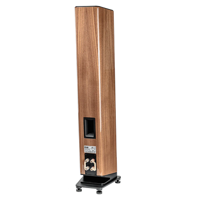 Boxa de podea Elac Vela FS 407.2, vedere spate, finisaj lemn, port bass reflex și conectori bi-wire.