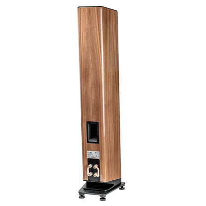 Boxa de podea Elac Vela FS 407.2, vedere spate, finisaj lemn, port bass reflex și conectori bi-wire.