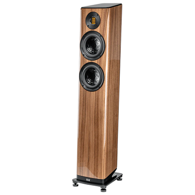 Boxă de podea Elac Vela FS 407.2, vedere frontală unghiulară, finisaj lemn, 2 difuzoare și tweeter JET.