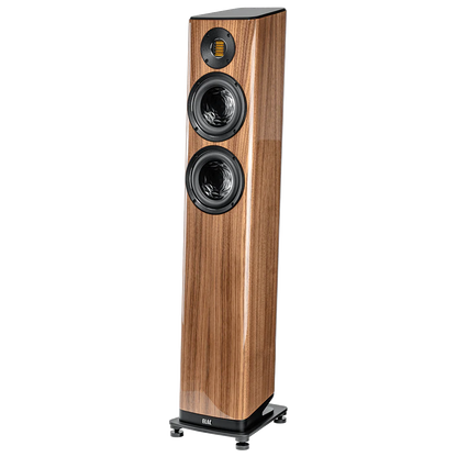 Boxă de podea Elac Vela FS 407.2, vedere frontală unghiulară, finisaj lemn, 2 difuzoare și tweeter JET.