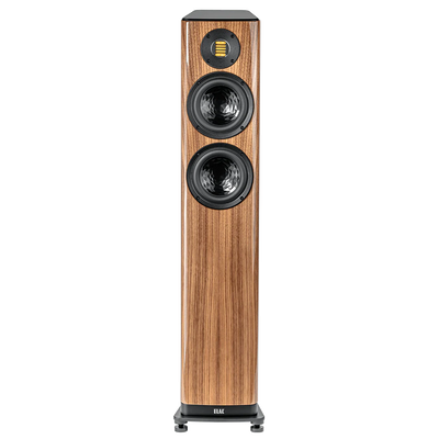 Boxă de podea Elac Vela FS 407.2, vedere frontală, finisaj lemn, 2 difuzoare medii și tweeter AMT.