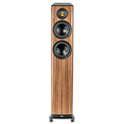 Boxă de podea Elac Vela FS 407.2, vedere frontală, finisaj lemn, 2 difuzoare medii și tweeter AMT.