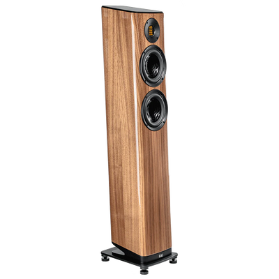 Boxă de podea Elac Vela FS 407.2 finisaj lemn, vedere laterală stânga, 2 difuzoare medii și tweeter vizibile.