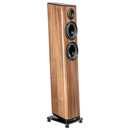 Boxă de podea Elac Vela FS 407.2 finisaj lemn, vedere laterală stânga, 2 difuzoare medii și tweeter vizibile.