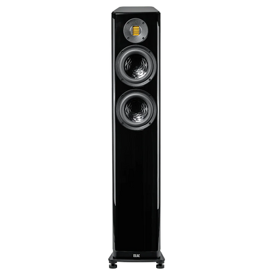 Boxă de podea Elac Vela FS 407.2 neagră, vedere frontală cu două difuzoare mid-bass și tweeter AMT.