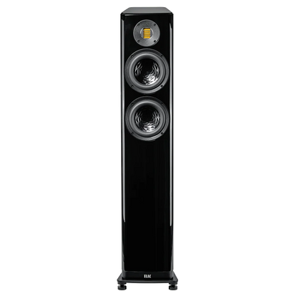 Boxă de podea Elac Vela FS 407.2 neagră, vedere frontală cu două difuzoare mid-bass și tweeter AMT.