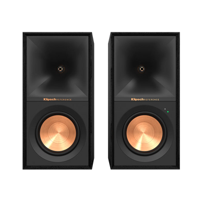 Boxe active Klipsch R-50PM negre, vedere frontală, difuzoare cu woofer cupru și LED de stare.