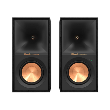 Boxe active Klipsch R-50PM negre, vedere frontală, difuzoare cu woofer cupru și LED de stare.