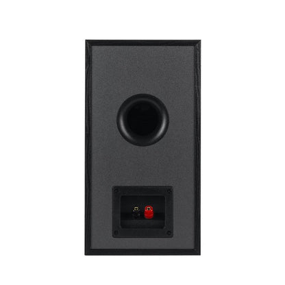 Spatele boxei Klipsch R-51M negru, cu port bass reflex circular și conectori audio roșu/negru vizibili.