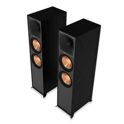 Boxe de podea Klipsch R-600F negre, vedere unghi superior, două woofere cu conuri cupru vizibile.