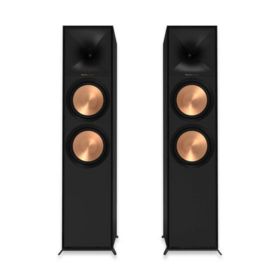 Boxe de podea Klipsch R-600F negre, vedere frontală, cu două woofere din cupru și tweeter Tractrix Horn.