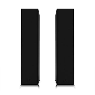 Boxe de podea Klipsch R-600F negre, vedere frontală cu grilele montate, logo Klipsch vizibil jos.