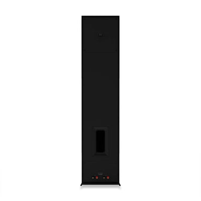 Spatele boxei de podea Klipsch R-600F negru, cu port bass reflex și conectori audio vizibili jos.