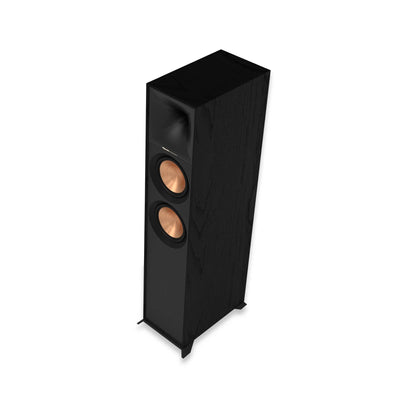 Boxă de podea Klipsch R-600F neagră, vedere unghi superior, cu două woofere cu con de cupru vizibile.