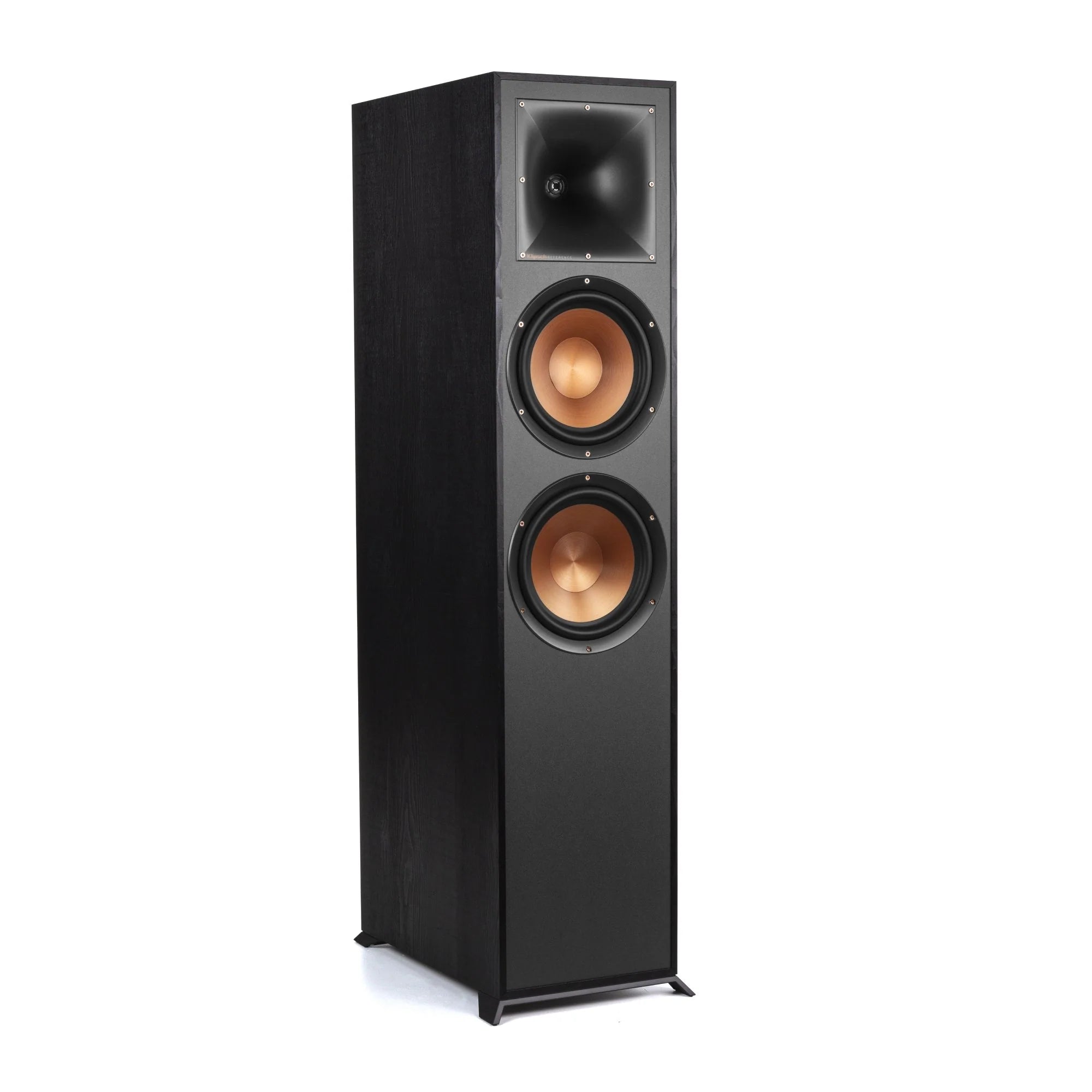 Boxă de podea Klipsch R-820F neagră, vedere din unghi, cu două woofere de 8" și un tweeter Tractrix.