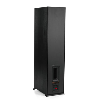 Spate boxă Klipsch R-820F negru, port bass reflex și conectori amplasare joasă vizibili.