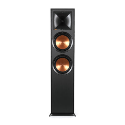 Boxă de podea Klipsch R-820F negru, vedere frontală, cu două woofere de 8” și un tweeter Tractrix.