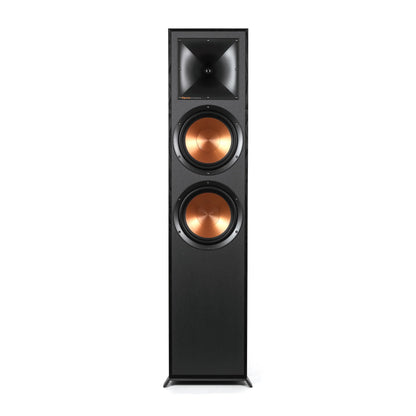 Boxă de podea Klipsch R-820F negru, vedere frontală, cu două woofere de 8” și un tweeter Tractrix.