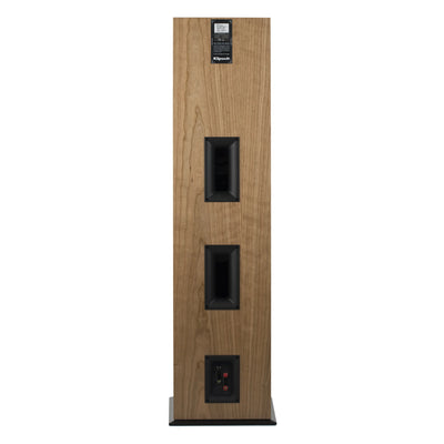 Spatele boxei Klipsch RF-7 III culoare Cherry cu porturi bass reflex duble și conectori audio.