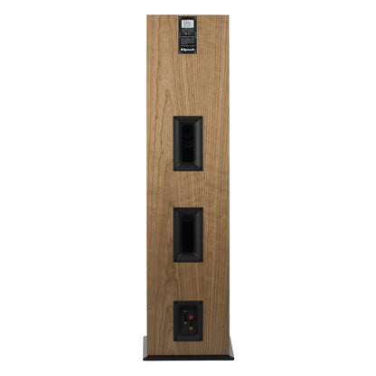 Spatele boxei Klipsch RF-7 III culoare Cherry cu porturi bass reflex duble și conectori audio.