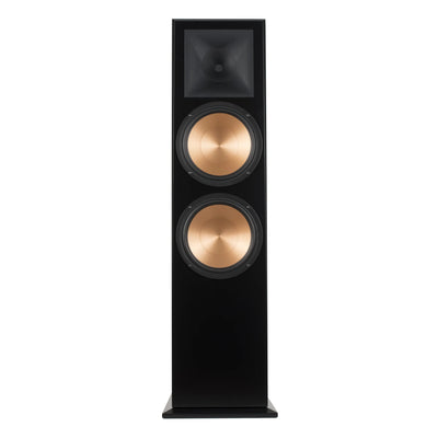 Boxă de podea Klipsch RF-7 III neagră, vedere frontală cu două woofere de 10" și tweeter Tractrix.