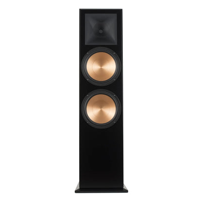 Boxă de podea Klipsch RF-7 III neagră, vedere frontală cu două woofere de 10" și tweeter Tractrix.