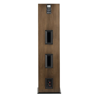 Spatele boxei Klipsch RF-7 III culoare nuc, cu porturi duble de bass reflex și conectori audio vizibili.