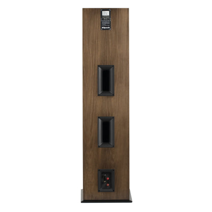 Spatele boxei Klipsch RF-7 III culoare nuc, cu porturi duble de bass reflex și conectori audio vizibili.
