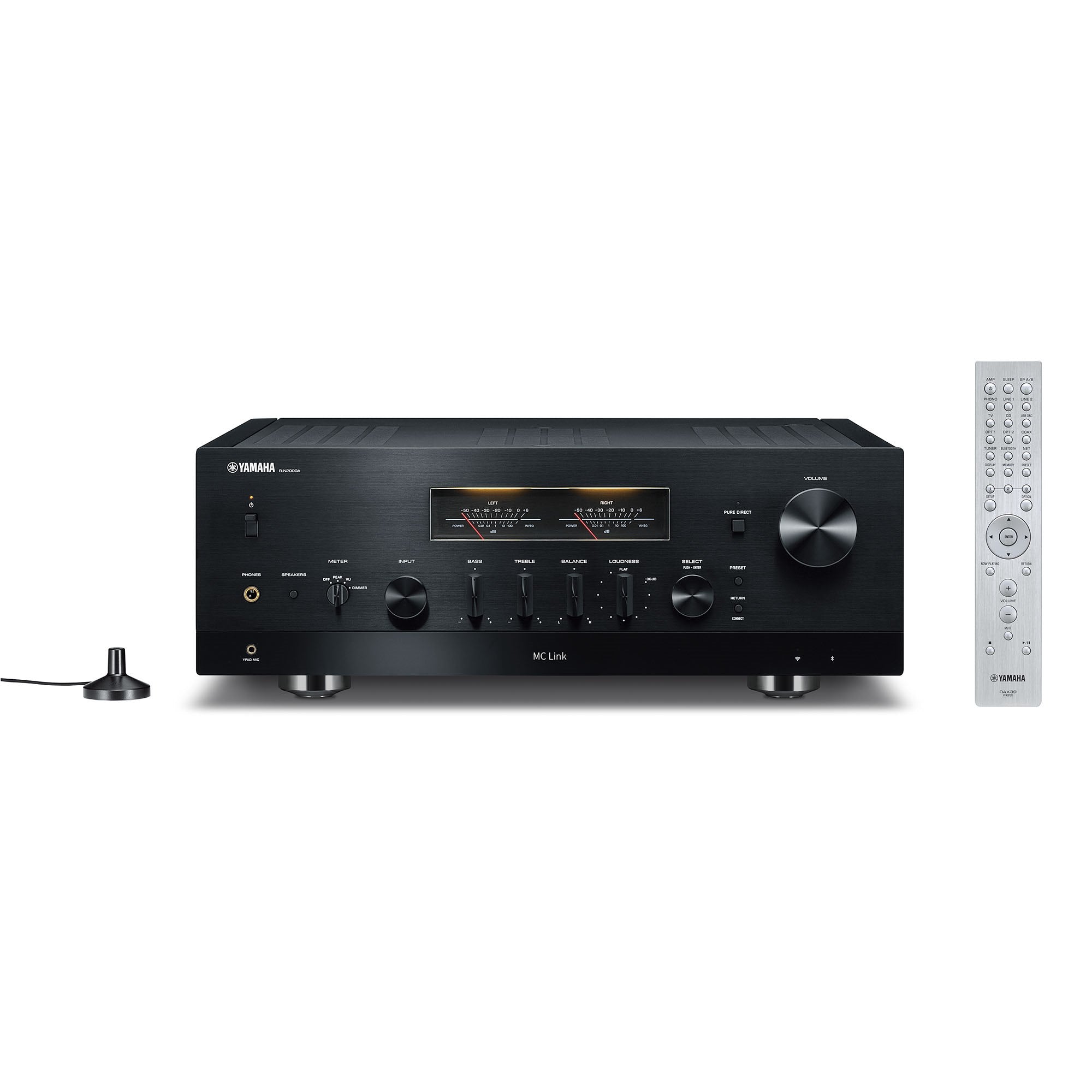 Receptor Yamaha R-N2000A negru, frontal, afișează butoane de control, intrări audio și telecomandă.#color_black