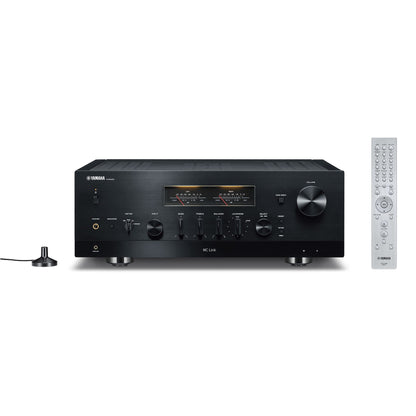 Receptor Yamaha R-N2000A negru, frontal, afișează butoane de control, intrări audio și telecomandă.