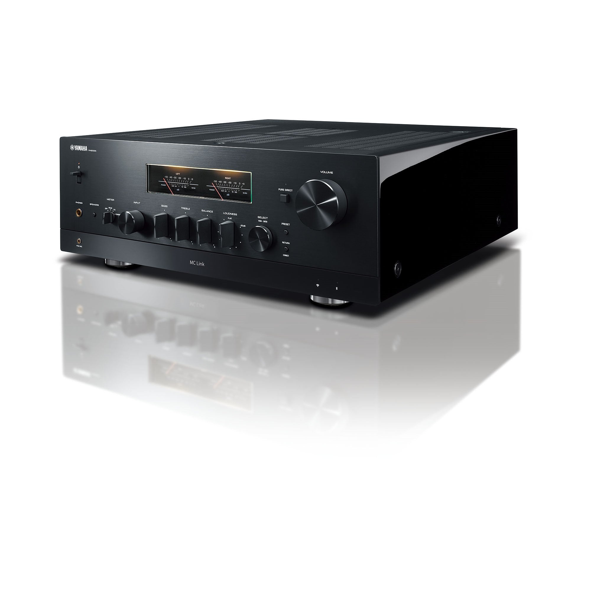 Yamaha R-N2000A Receiver AV, vedere frontală dreapta, culoare neagră, cu butoane de control vizibile.