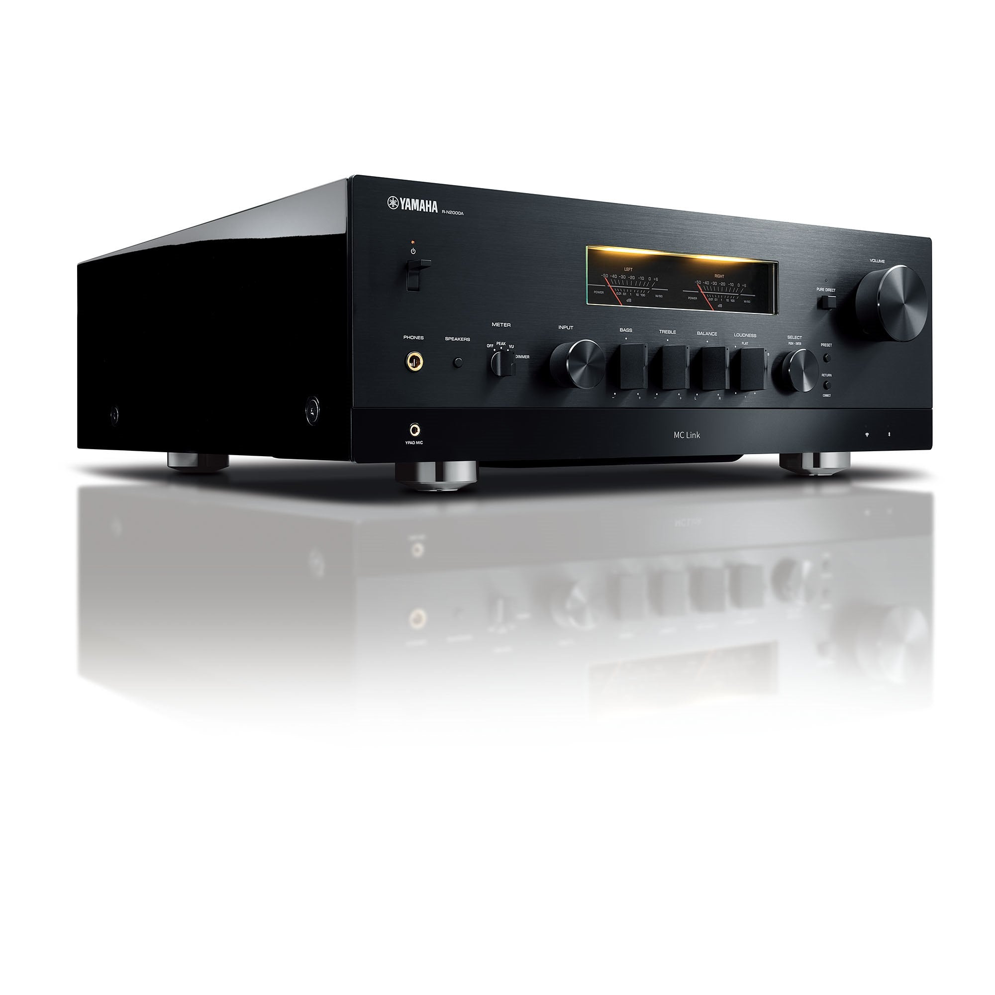 Yamaha R-N2000A Receiver AV, vedere laterală, negru, afișaj iluminat, multiple butoane control, mufe audio.