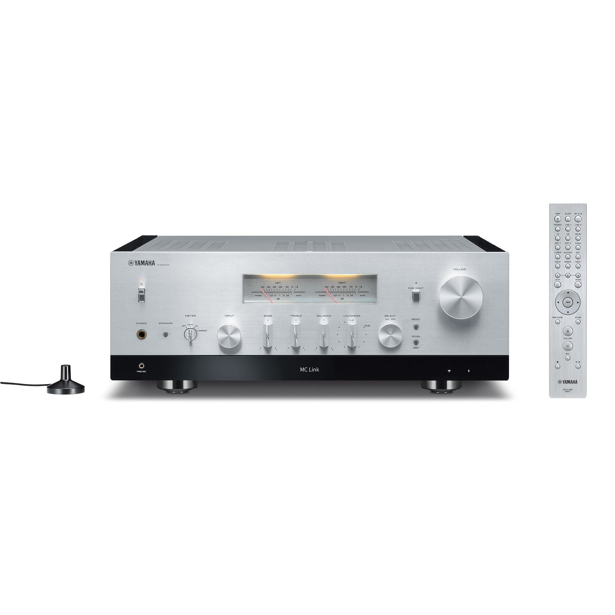 Yamaha R-N2000A Receiver AV argintiu, vedere frontală, afișaj analogic, butoane control, telecomandă inclusă.
