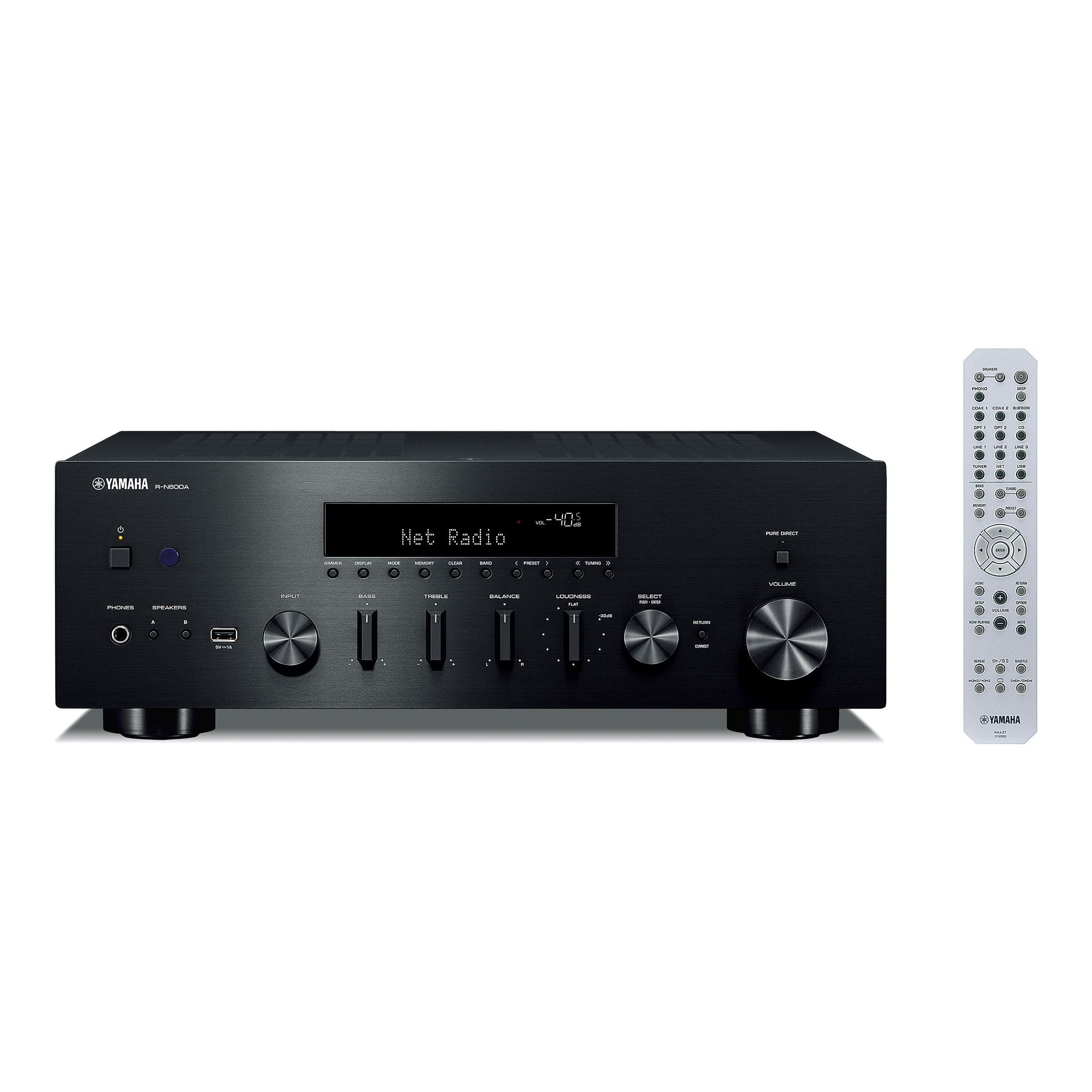 Receptor Yamaha R-N600A, negru, frontal, afișaj Net Radio, butoane volum și ton, telecomandă inclusă.