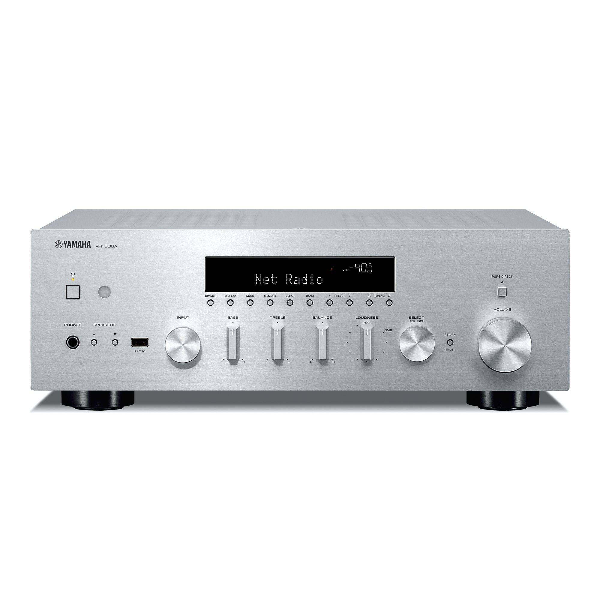 Yamaha R-N600A Receiver AV argintiu, vedere frontală. Afișaj digital activ, butoane de control vizibile.#color_silver