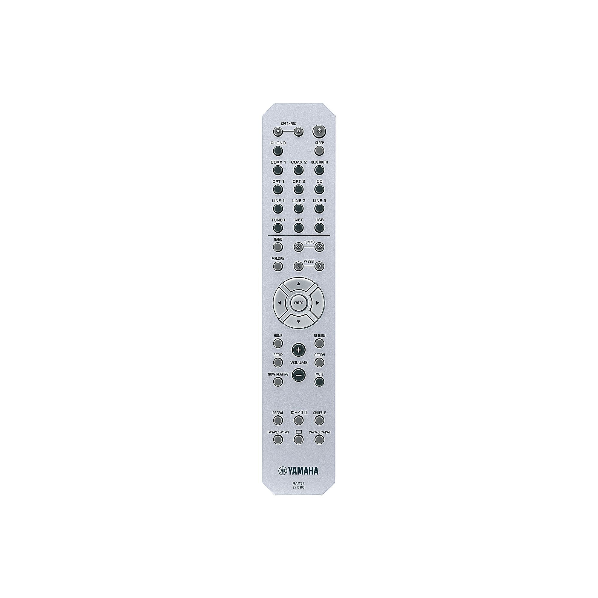 Telecomandă argintie pentru Yamaha R-N600A Receiver AV, vedere frontală, butoane control volum și surse.