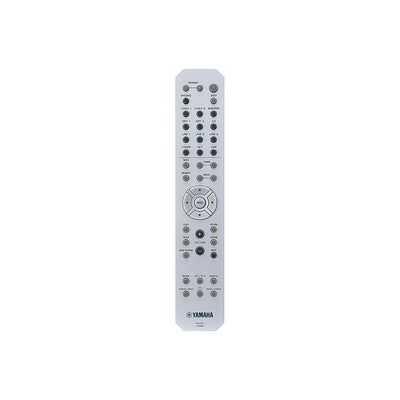 Telecomandă argintie pentru Yamaha R-N600A Receiver AV, vedere frontală, butoane control volum și surse.