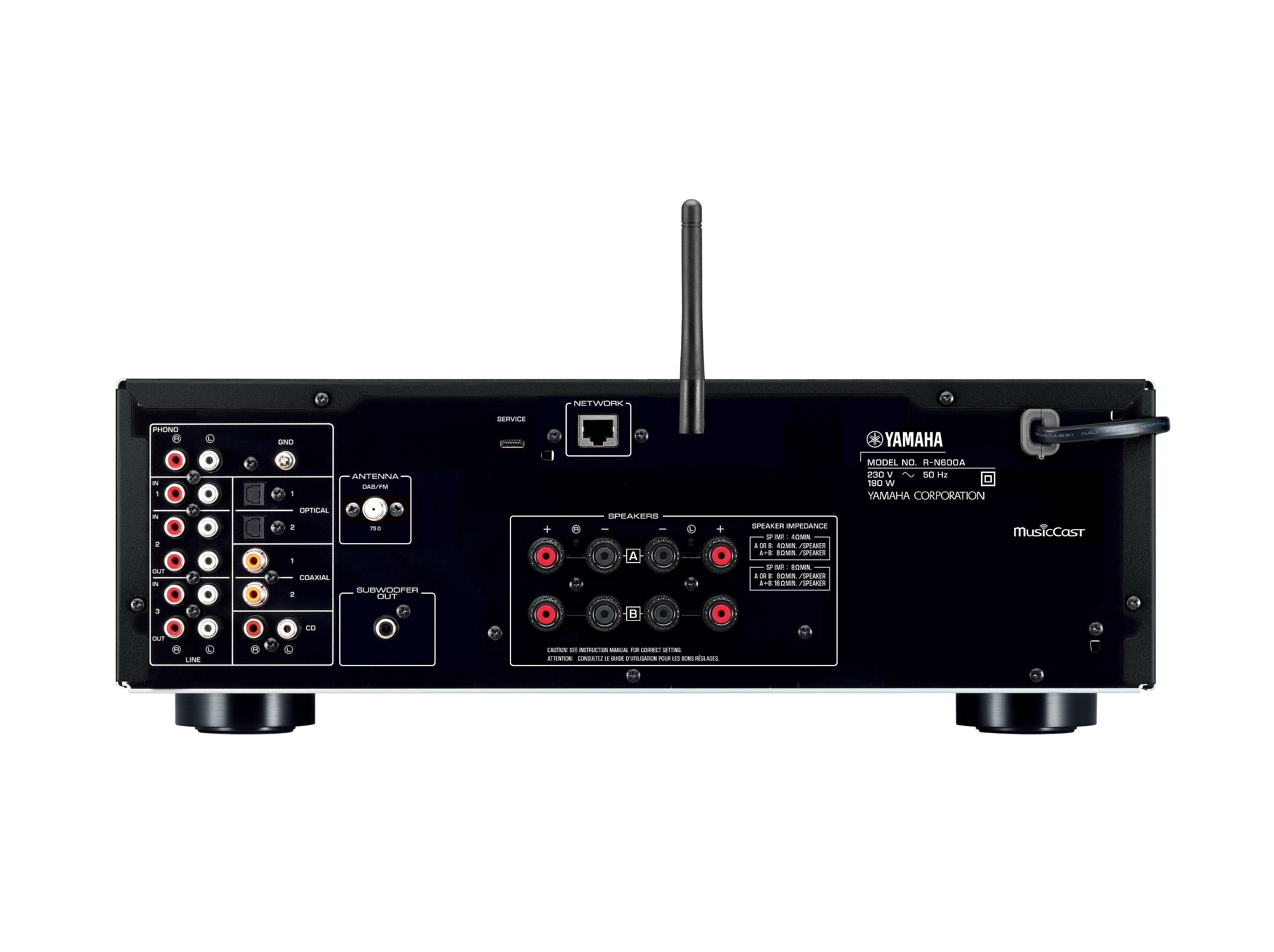 Yamaha R-N600A Receiver AV vedere din spate, negru, cu conexiuni RCA, coaxial, antenă, ieșiri boxe și subwoofer.