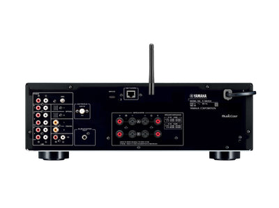 Yamaha R-N600A Receiver AV vedere din spate, negru, cu conexiuni RCA, coaxial, antenă, ieșiri boxe și subwoofer.