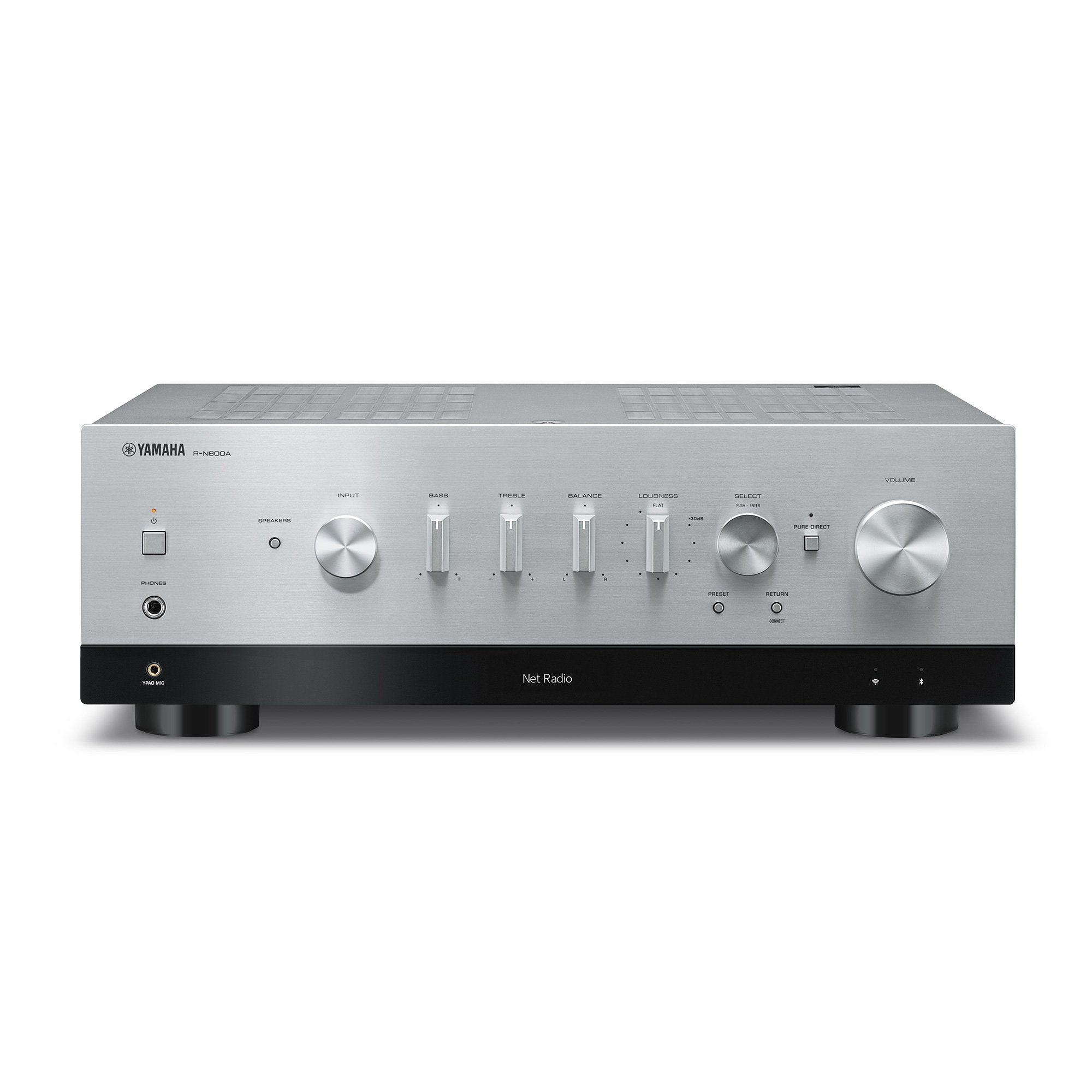 Receptor AV Yamaha R-N800A argintiu, frontal; afișează butoane pentru volum, intrare, bas, treble și balans.#color_silver