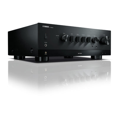 Receiver AV Yamaha R-N800A, vedere laterală, culoare neagră, cu butoane de control vizibile și ieșire căști.