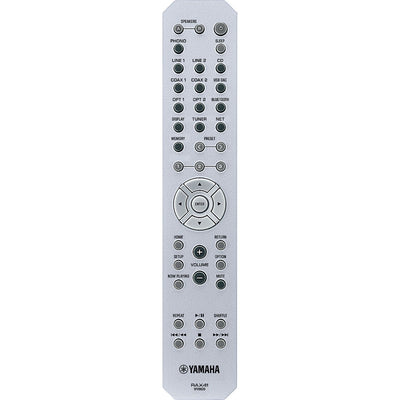 Telecomandă Yamaha R-N800A Receiver AV, argintie, vedere frontală. Include butoane pentru volum, surse audio și navigare meniu.