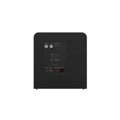 Panou spate subwoofer Klipsch RP-1200SW negru cu controale volum, crossover, intrări RCA și port alimentare.