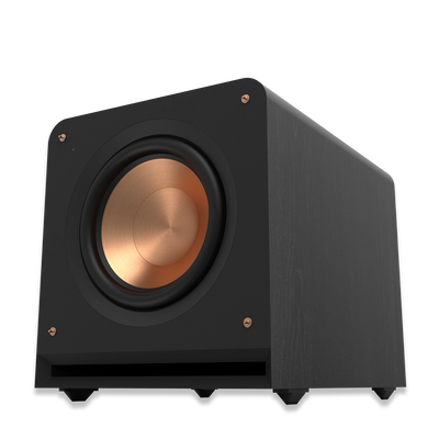 Subwoofer Klipsch RP-1200SW negru, vedere frontală laterală, difuzor cu con cupru și port bass reflex.